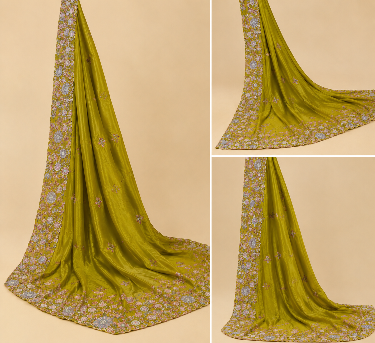 Olive Green Floral Embroidered Silk Saree with Designer Pallu