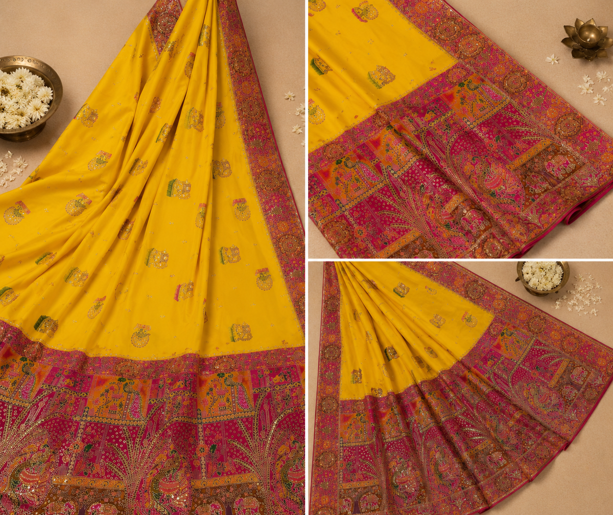 Yellow Banarasi Saree with Rich Pink Zari Border & Heritage Pallu