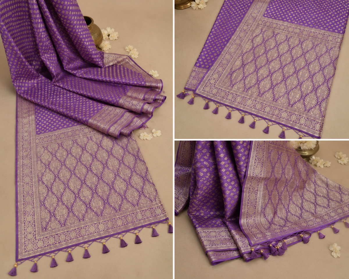 Lavender Banarasi Silk Saree with Rich golden Zari Butta Work & Designer Pallu