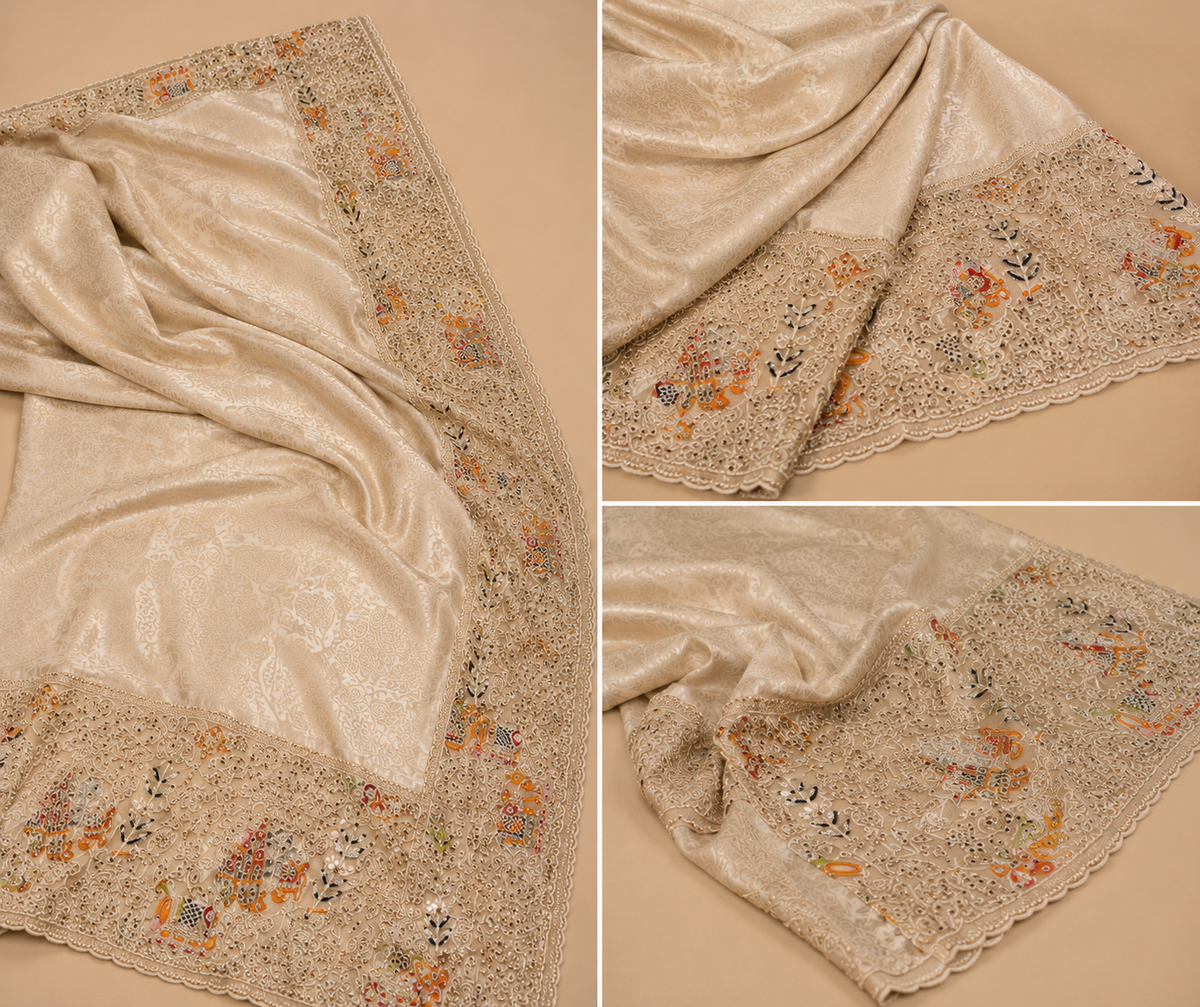 Champagne Gold Silk Saree with Intricate Elephant & Floral Motif Embroidery