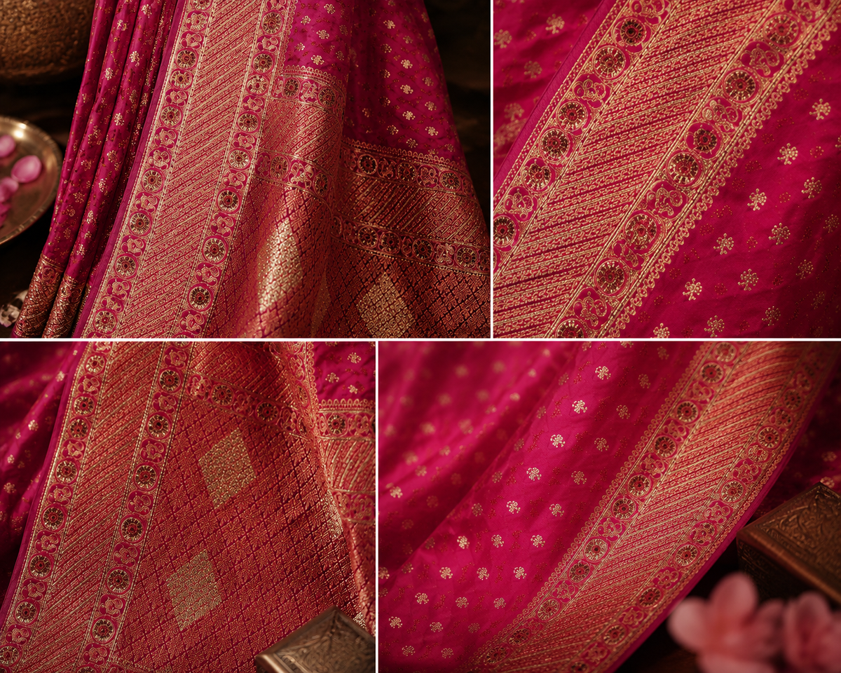 Rani Pink Banarasi Silk Bridal Saree with Gold Zari & Mirror Work Border
