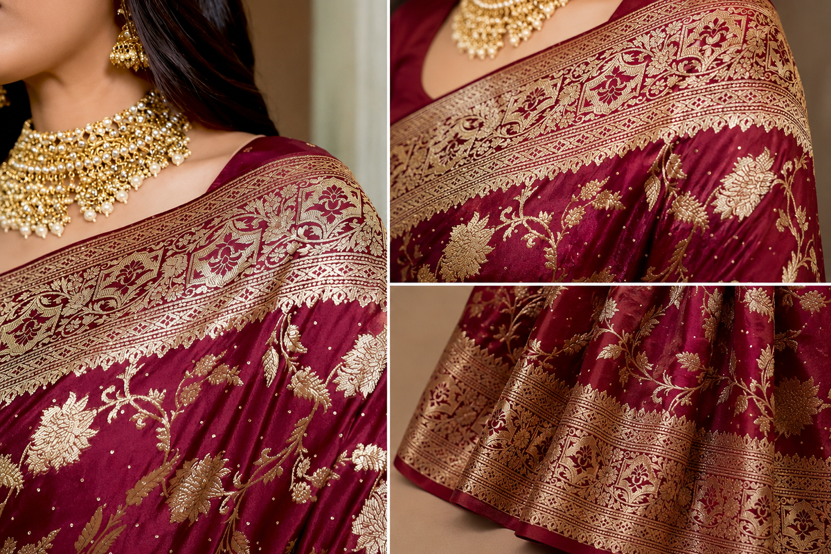 Deep Wine Silk Saree with Antique Gold Zari Floral Jaal & Broad Border