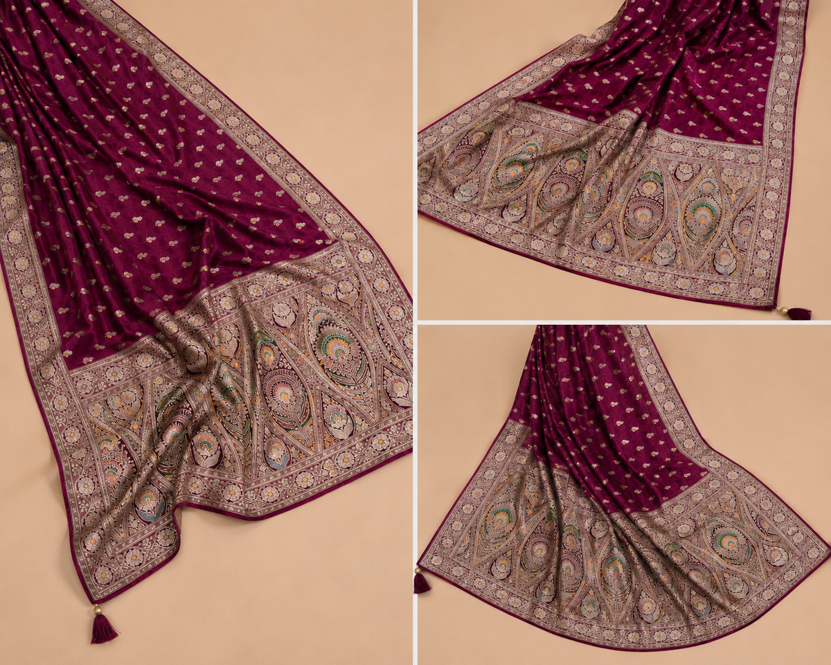Wine Magenta Banarasi Silk Saree with Antique Silver Zari & Peacock Motifs