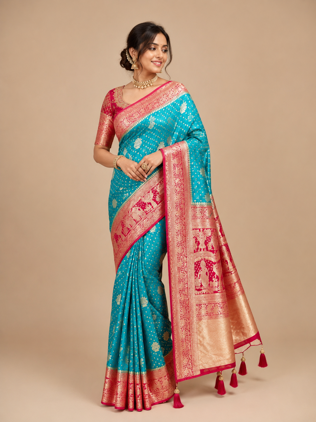 Designer Multicolor Saree | Greenish Blue Body with Red Pallu & Gold Zari Work