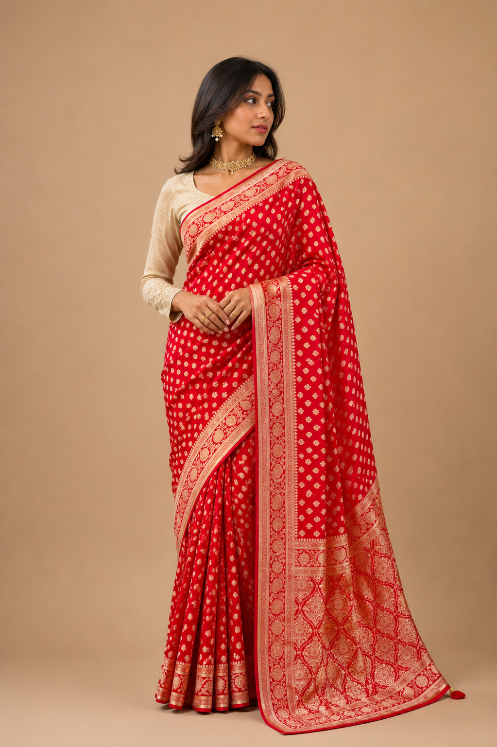 Red Saree with Rich Gold Zari Work | Traditional Festive & Wedding Wear