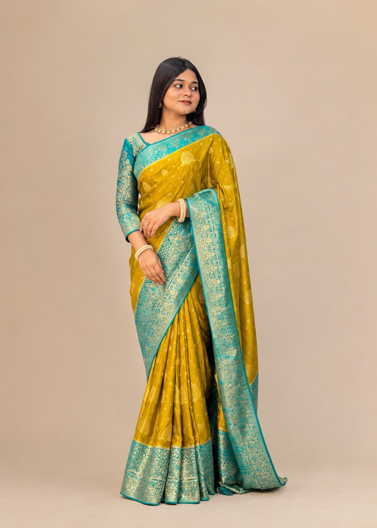 Mustard Yellow & Turquoise Blue Banarasi Woven Silk Saree | Festive & Wedding Wear