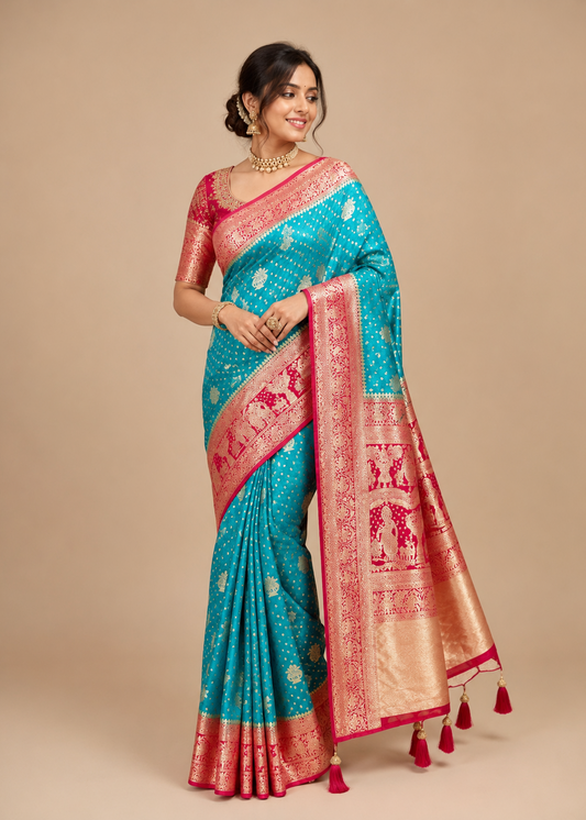 Designer Multicolor Saree | Greenish Blue Body with Red Pallu & Gold Zari Work