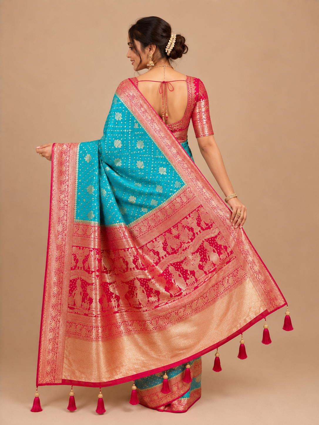 Designer Multicolor Saree | Greenish Blue Body with Red Pallu & Gold Zari Work