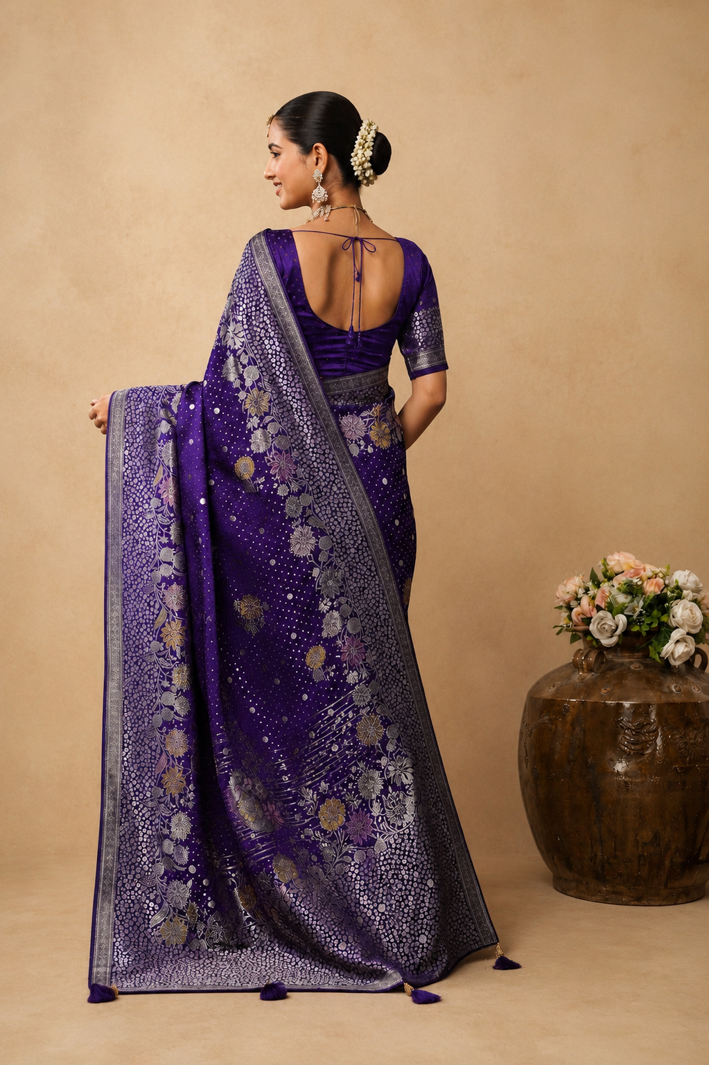 Royal Purple Banarasi Silk Saree with Silver Zari & Floral Meenakari Weave