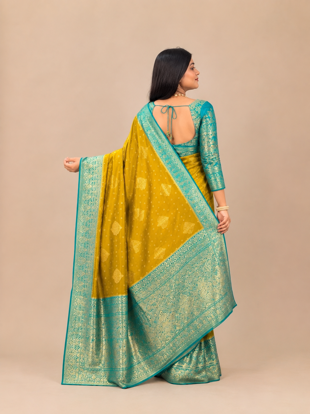 Mustard Yellow & Turquoise Blue Banarasi Woven Silk Saree | Festive & Wedding Wear