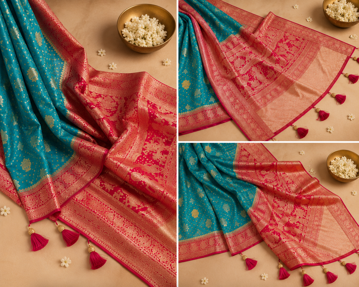Designer Multicolor Saree | Greenish Blue Body with Red Pallu & Gold Zari Work