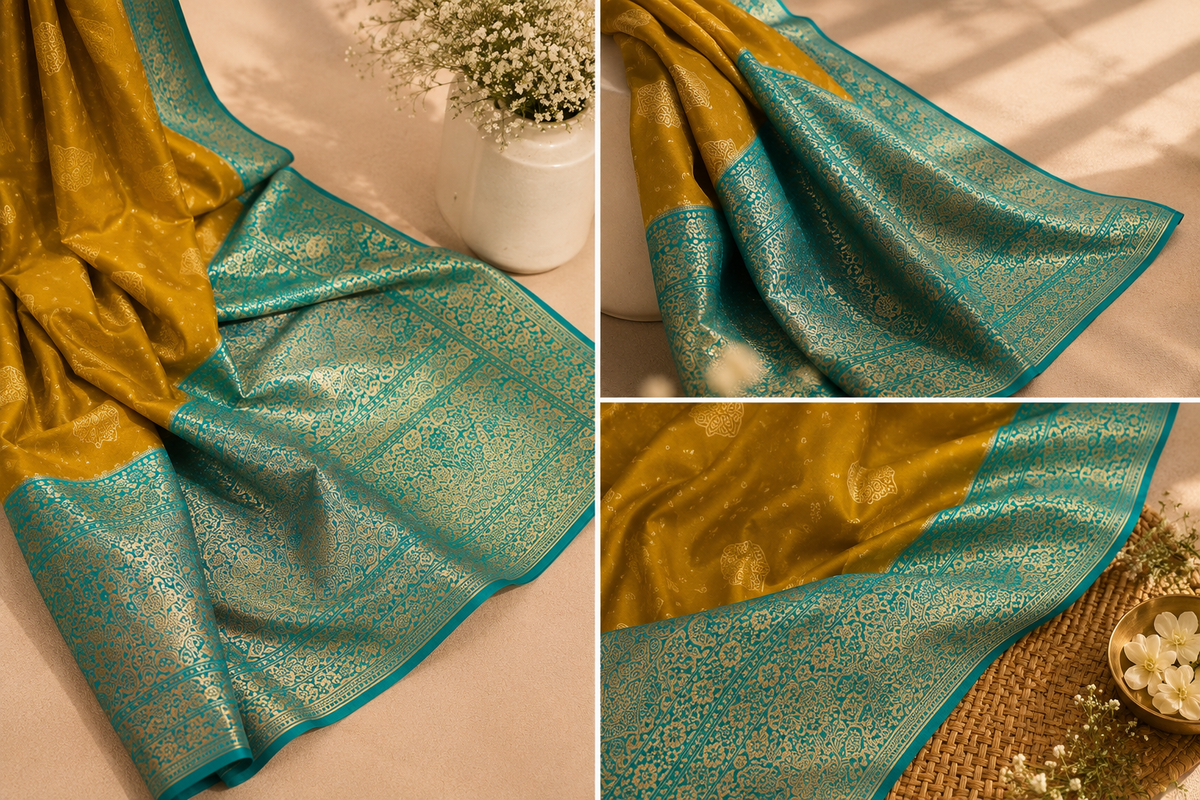 Mustard Yellow & Turquoise Blue Banarasi Woven Silk Saree | Festive & Wedding Wear
