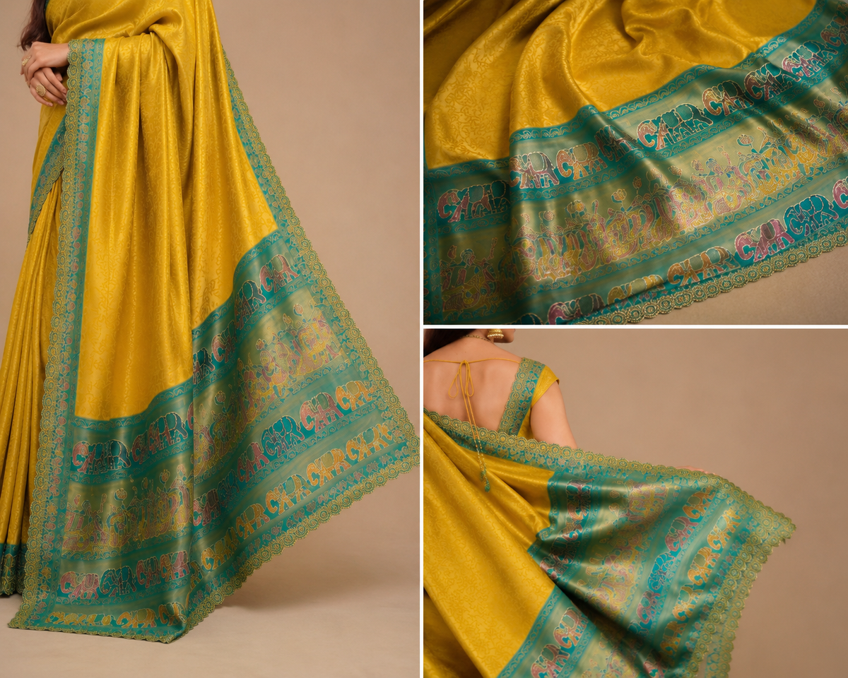 Mustard Yellow Haldi Special Silk Saree with Contrast Teal Border & Festive Motifs
