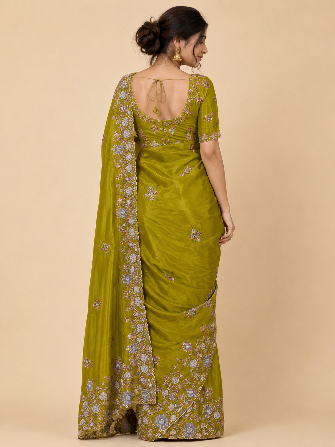 Olive Green Floral Embroidered Silk Saree with Designer Pallu