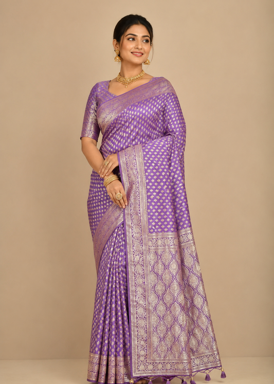 Lavender Banarasi Silk Saree with Rich golden Zari Butta Work & Designer Pallu