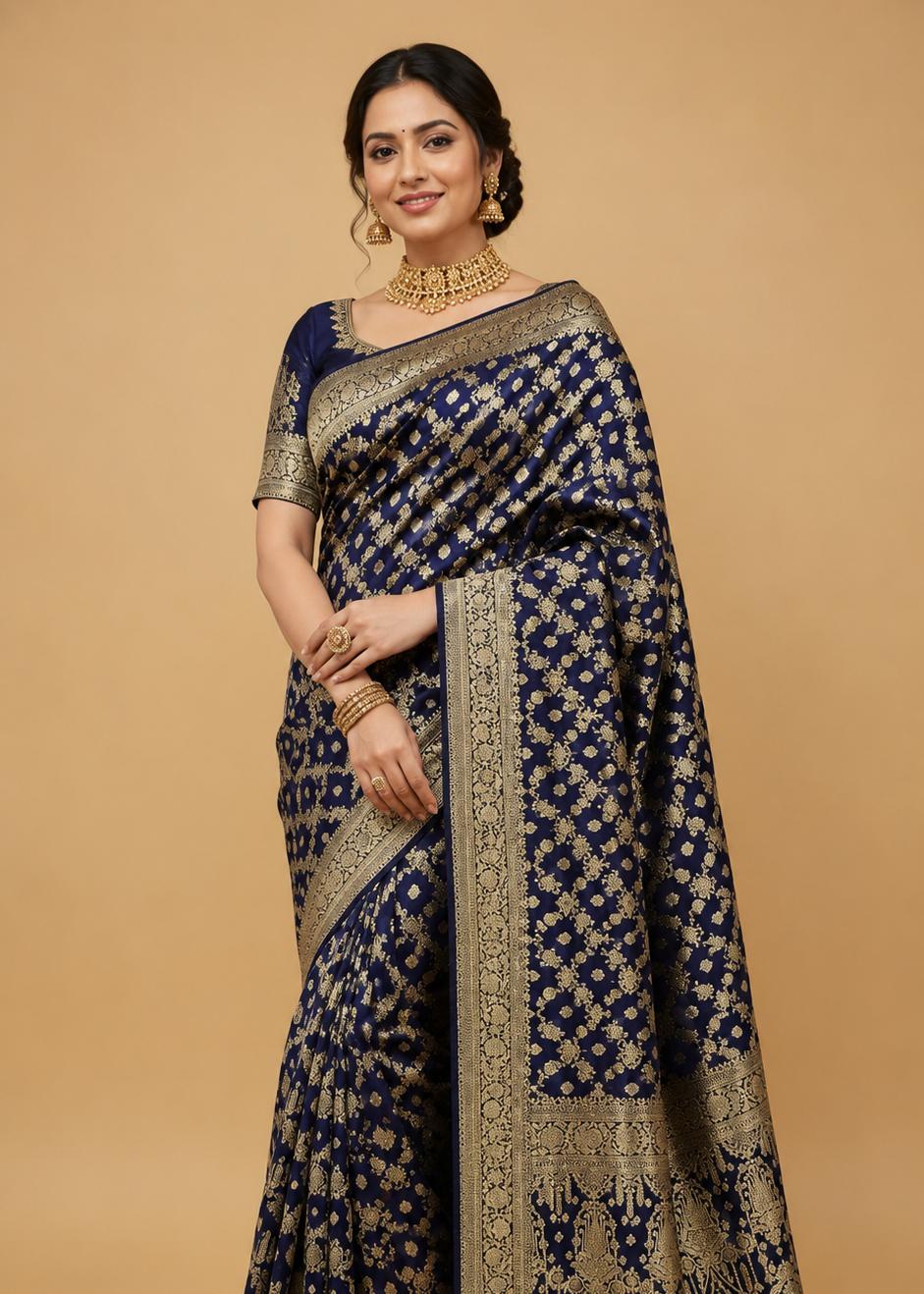 Royal Blue Banarasi Silk Saree with Antique Gold Zari Floral Butis & Heavy Pallu