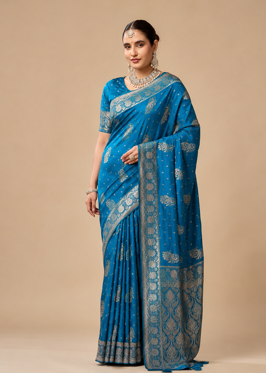 Royal Blue Silk Saree with Antique Gold Zari Paisley Motifs & Tasseled Pallu