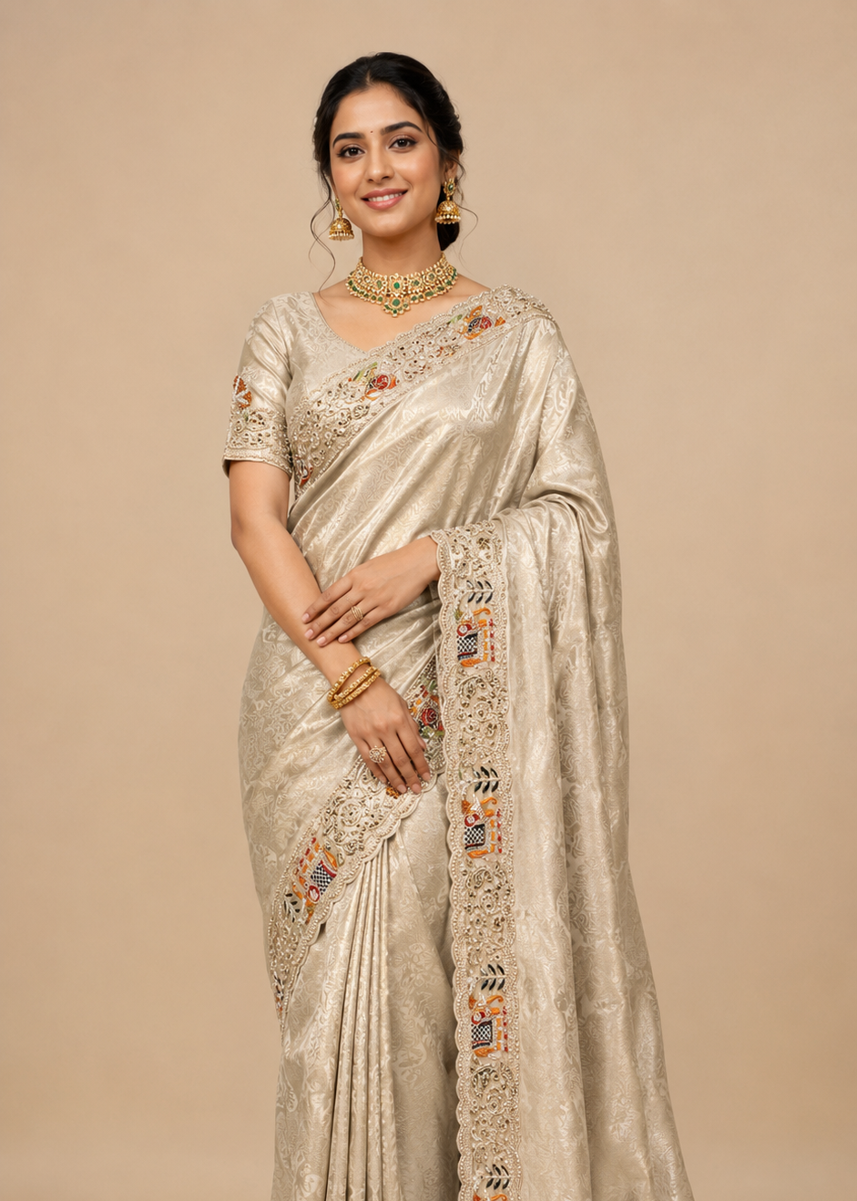 Champagne Gold Silk Saree with Intricate Elephant & Floral Motif Embroidery