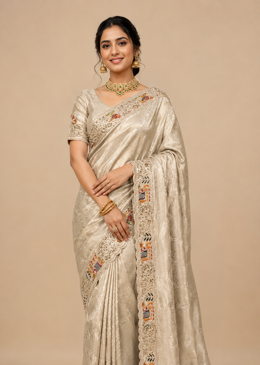 Champagne Gold Silk Saree with Intricate Elephant & Floral Motif Embroidery