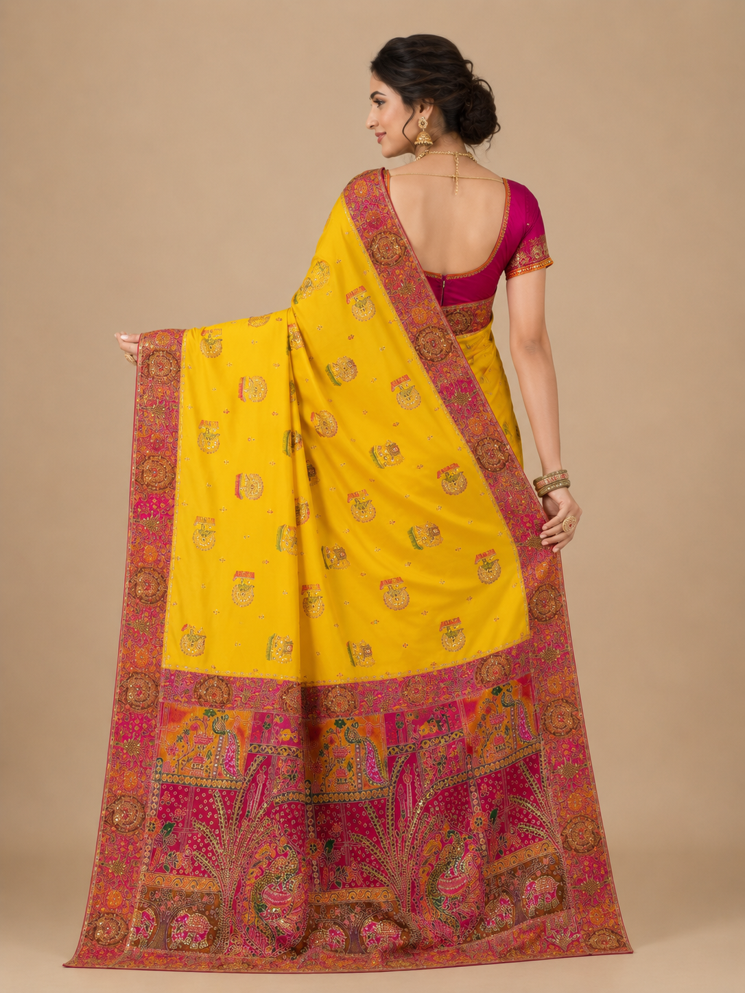 Yellow Banarasi Saree with Rich Pink Zari Border & Heritage Pallu