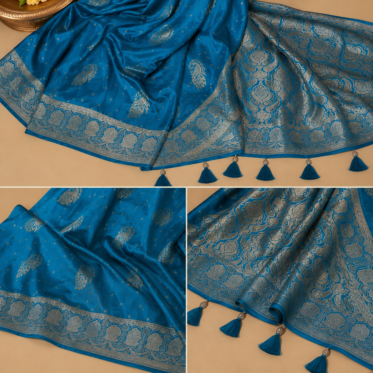 Royal Blue Silk Saree with Antique Gold Zari Paisley Motifs & Tasseled Pallu