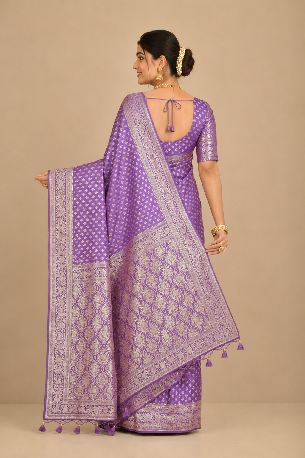 Lavender Banarasi Silk Saree with Rich golden Zari Butta Work & Designer Pallu