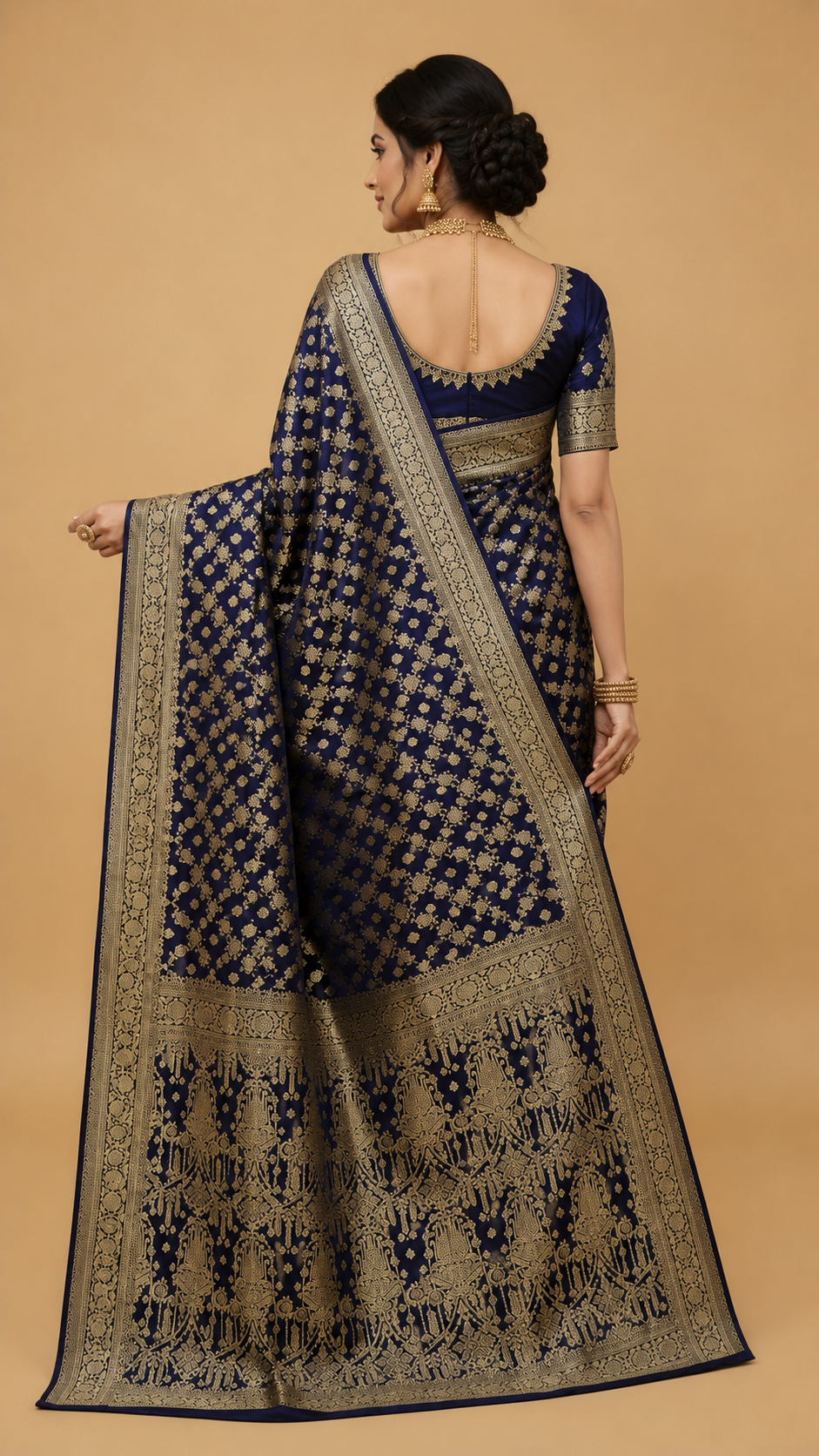 Royal Blue Banarasi Silk Saree with Antique Gold Zari Floral Butis & Heavy Pallu