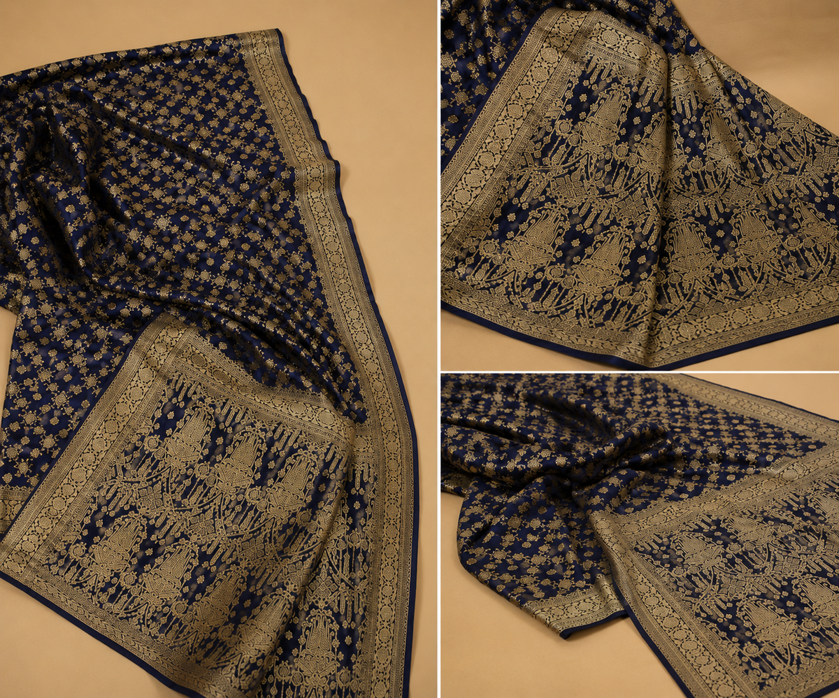 Royal Blue Banarasi Silk Saree with Antique Gold Zari Floral Butis & Heavy Pallu