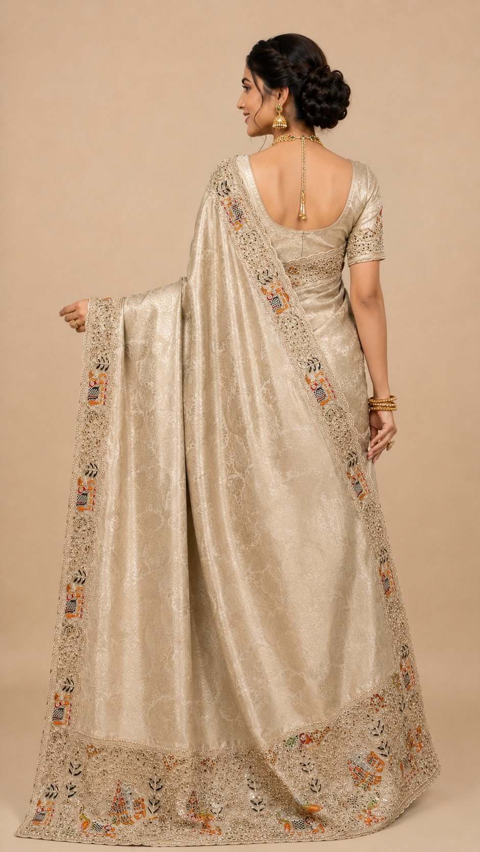 Champagne Gold Silk Saree with Intricate Elephant & Floral Motif Embroidery