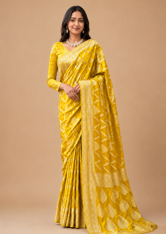 Mustard Yellow Banarasi Silk Saree with Rich Zari Weaving