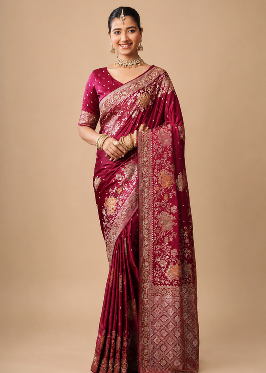 Maroon Magenta Banarasi Silk Saree & Floral Meenakari Pallu