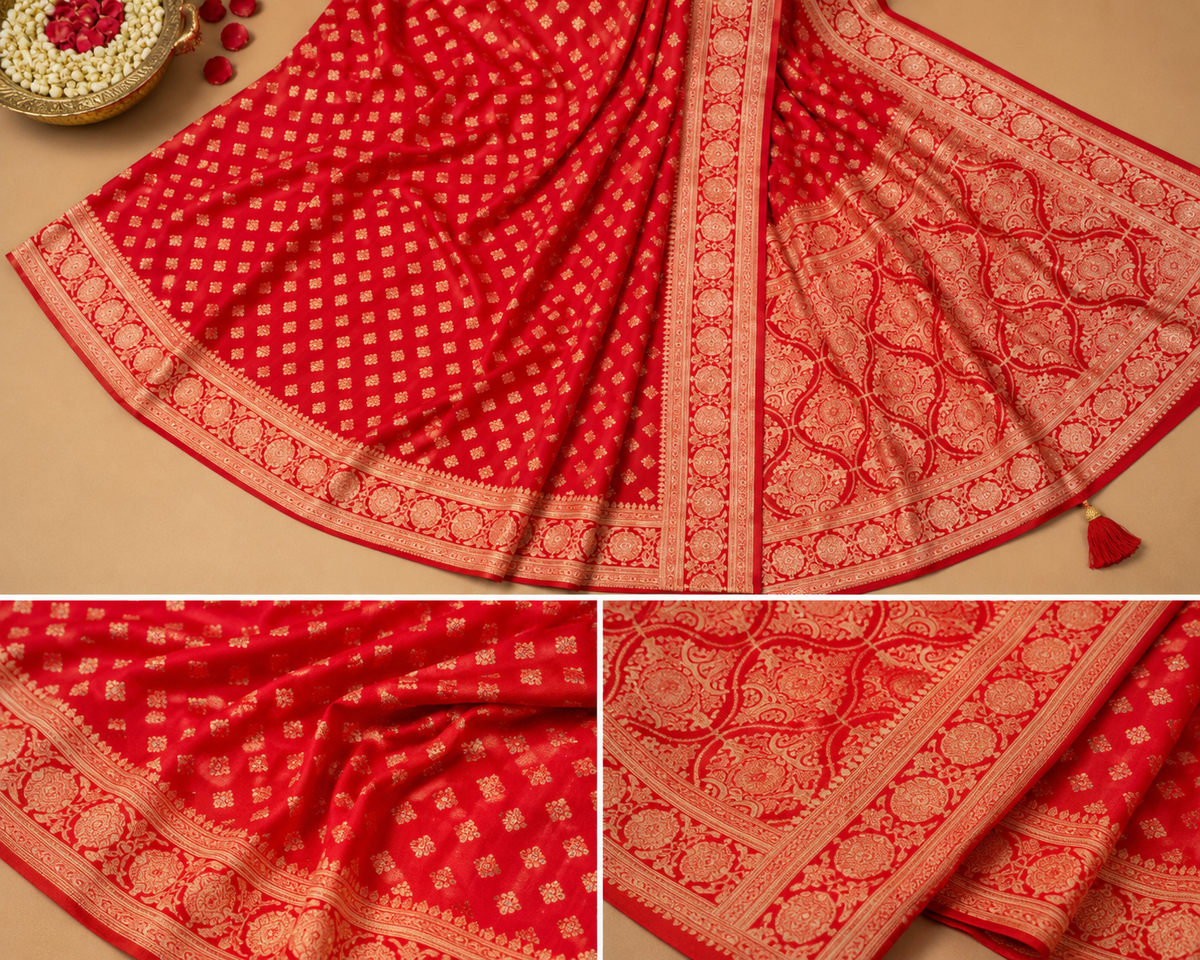 Red Saree with Rich Gold Zari Work | Traditional Festive & Wedding Wear
