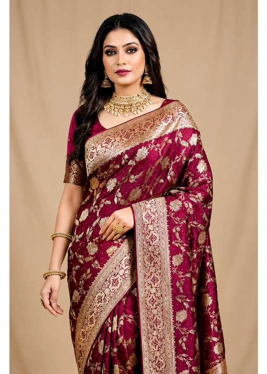 Deep Wine Silk Saree with Antique Gold Zari Floral Jaal & Broad Border