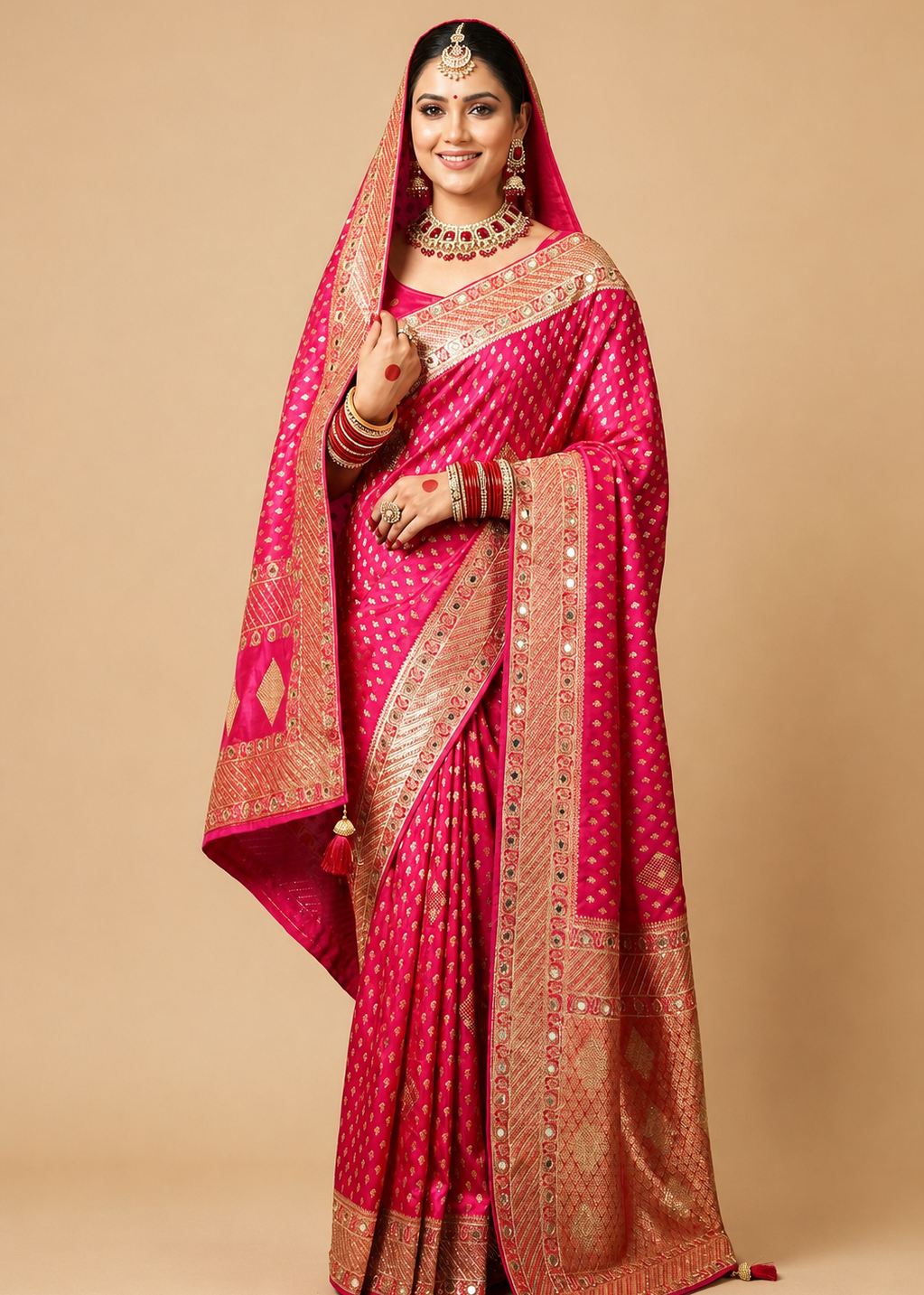 Rani Pink Banarasi Silk Bridal Saree with Gold Zari & Mirror Work Border