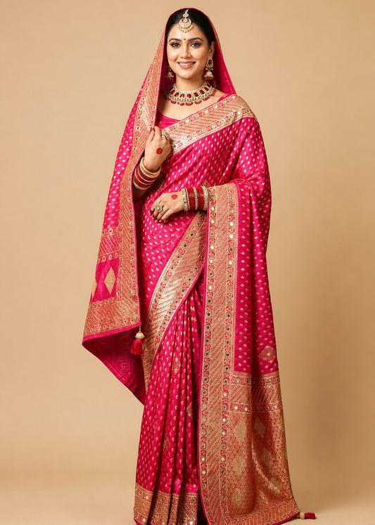 Rani Pink Banarasi Silk Bridal Saree with Gold Zari & Mirror Work Border