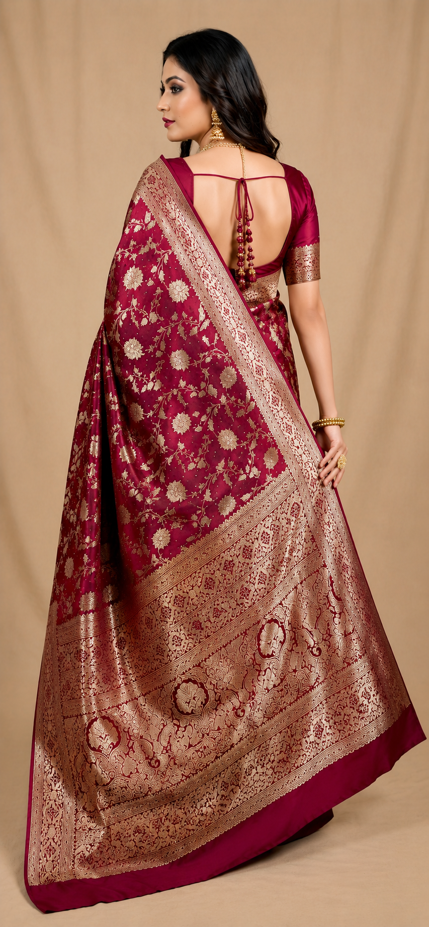 Deep Wine Silk Saree with Antique Gold Zari Floral Jaal & Broad Border