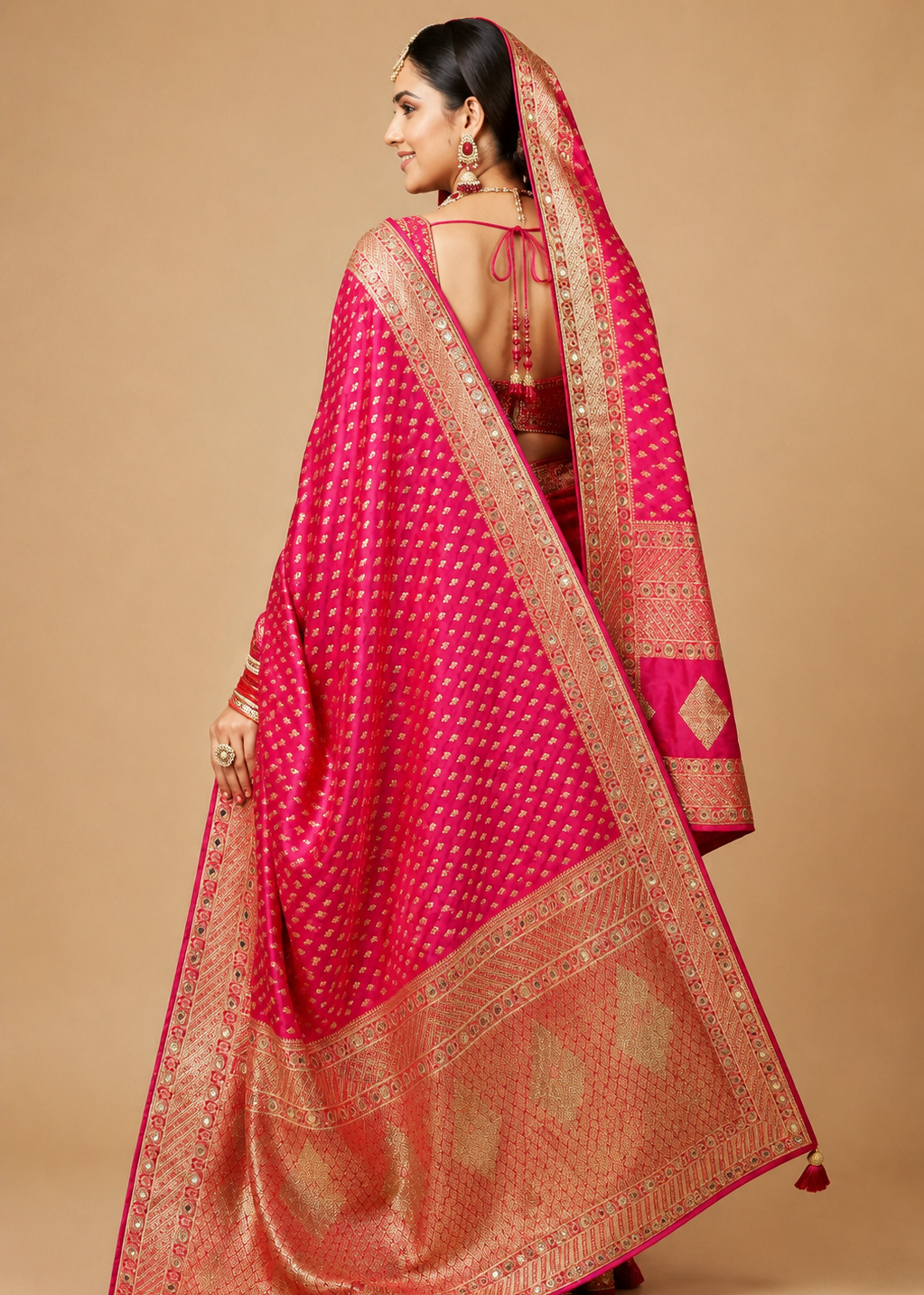 Rani Pink Banarasi Silk Bridal Saree with Gold Zari & Mirror Work Border