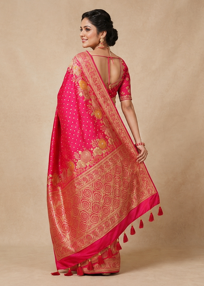Rani Pink Banarasi Silk Saree | Gold Zari Wedding & Festive Saree