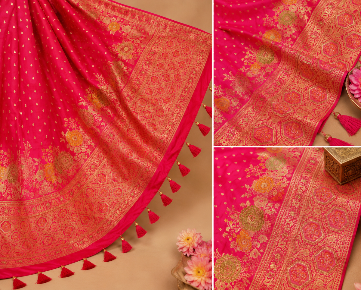 Rani Pink Banarasi Silk Saree | Gold Zari Wedding & Festive Saree
