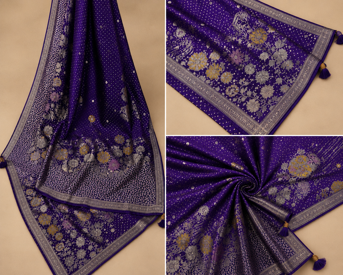 Royal Purple Banarasi Silk Saree with Silver Zari & Floral Meenakari Weave