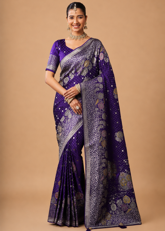 Royal Purple Banarasi Silk Saree with Silver Zari & Floral Meenakari Weave