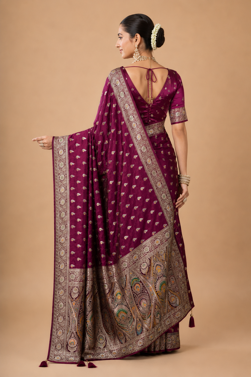 Wine Magenta Banarasi Silk Saree with Antique Silver Zari & Peacock Motifs