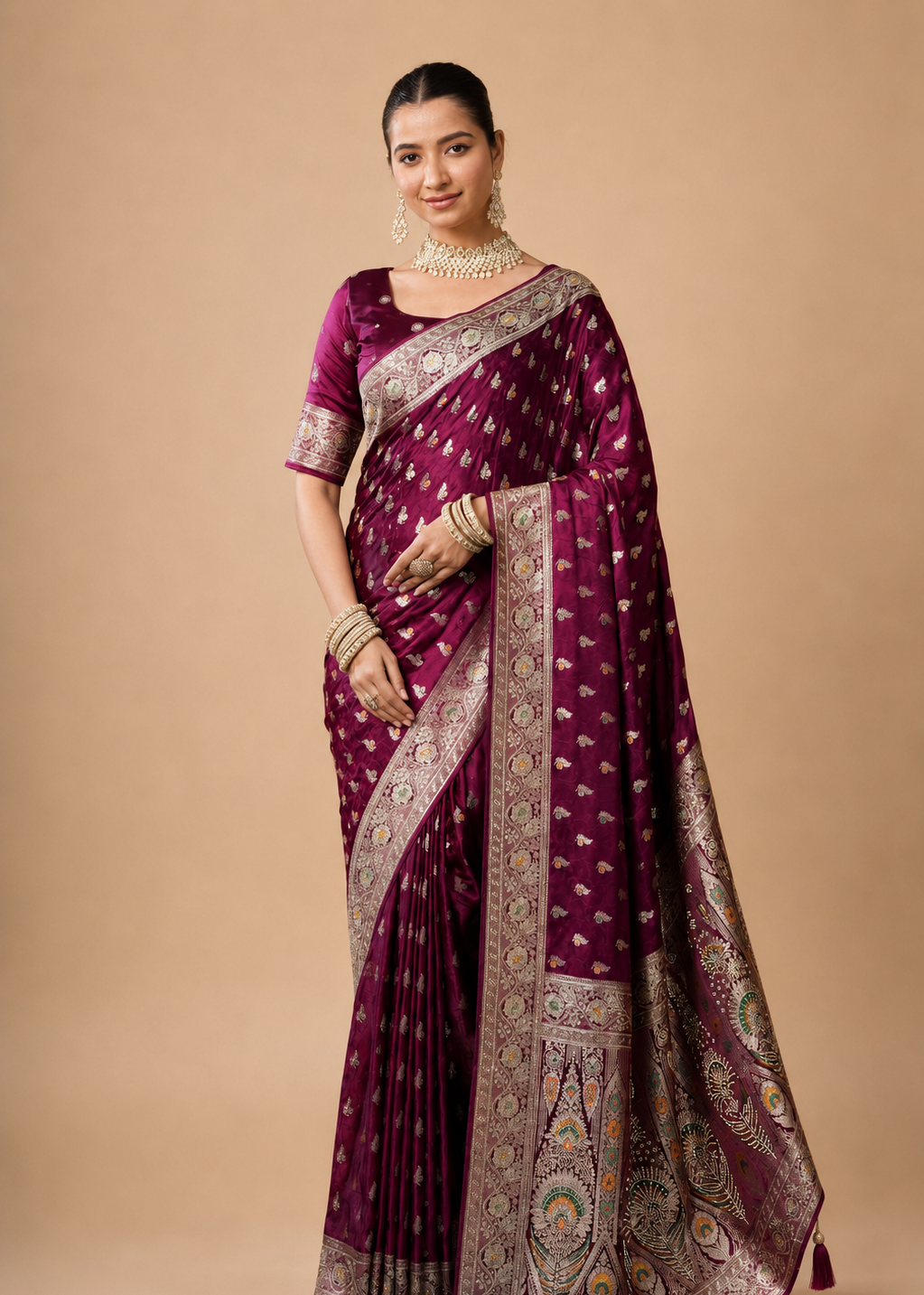 Wine Magenta Banarasi Silk Saree with Antique Silver Zari & Peacock Motifs