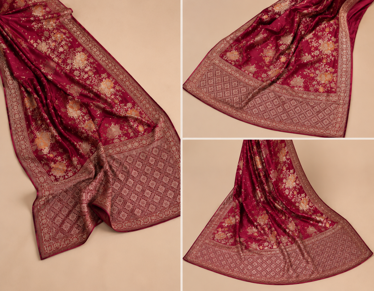 Maroon Magenta Banarasi Silk Saree & Floral Meenakari Pallu