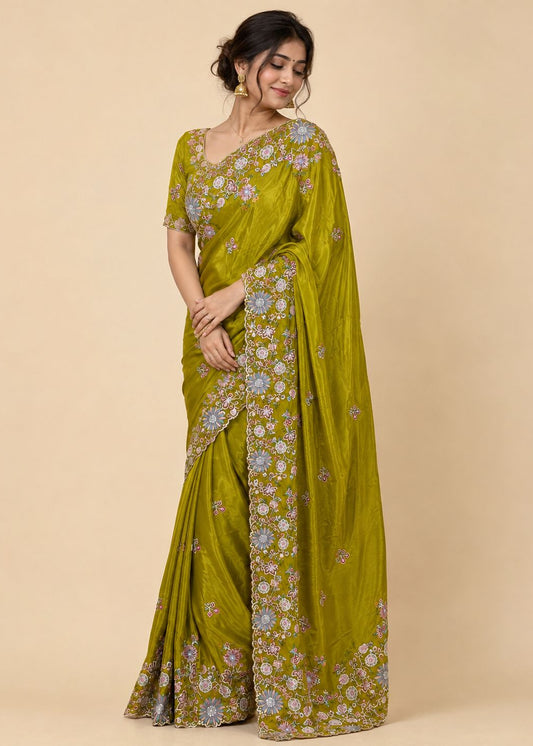Olive Green Floral Embroidered Silk Saree with Designer Pallu