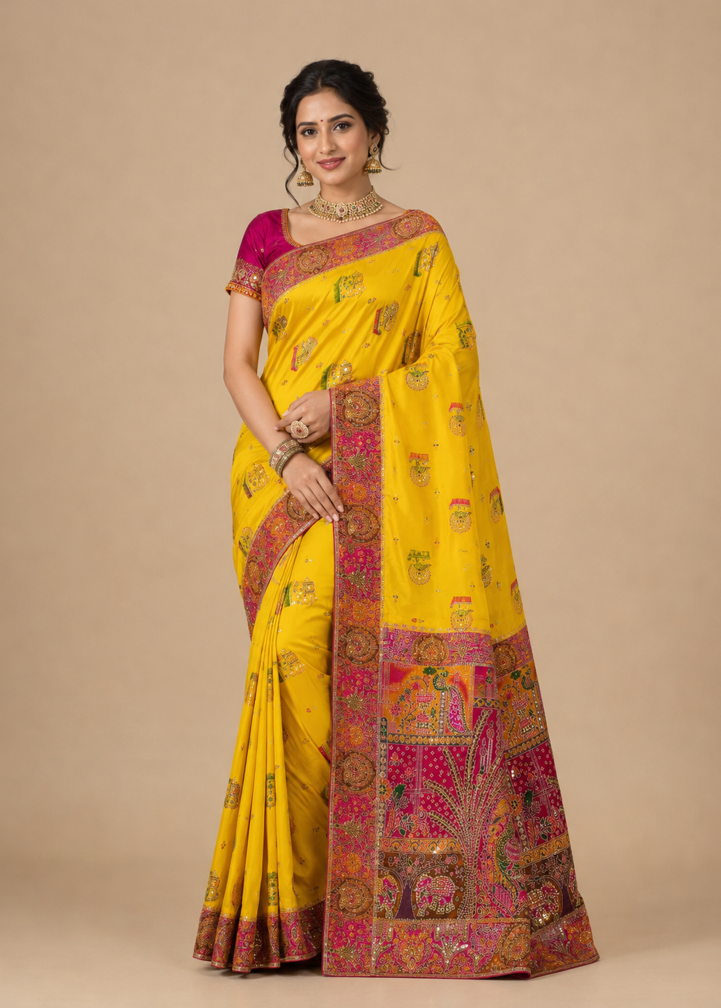 Yellow Banarasi Saree with Rich Pink Zari Border & Heritage Pallu